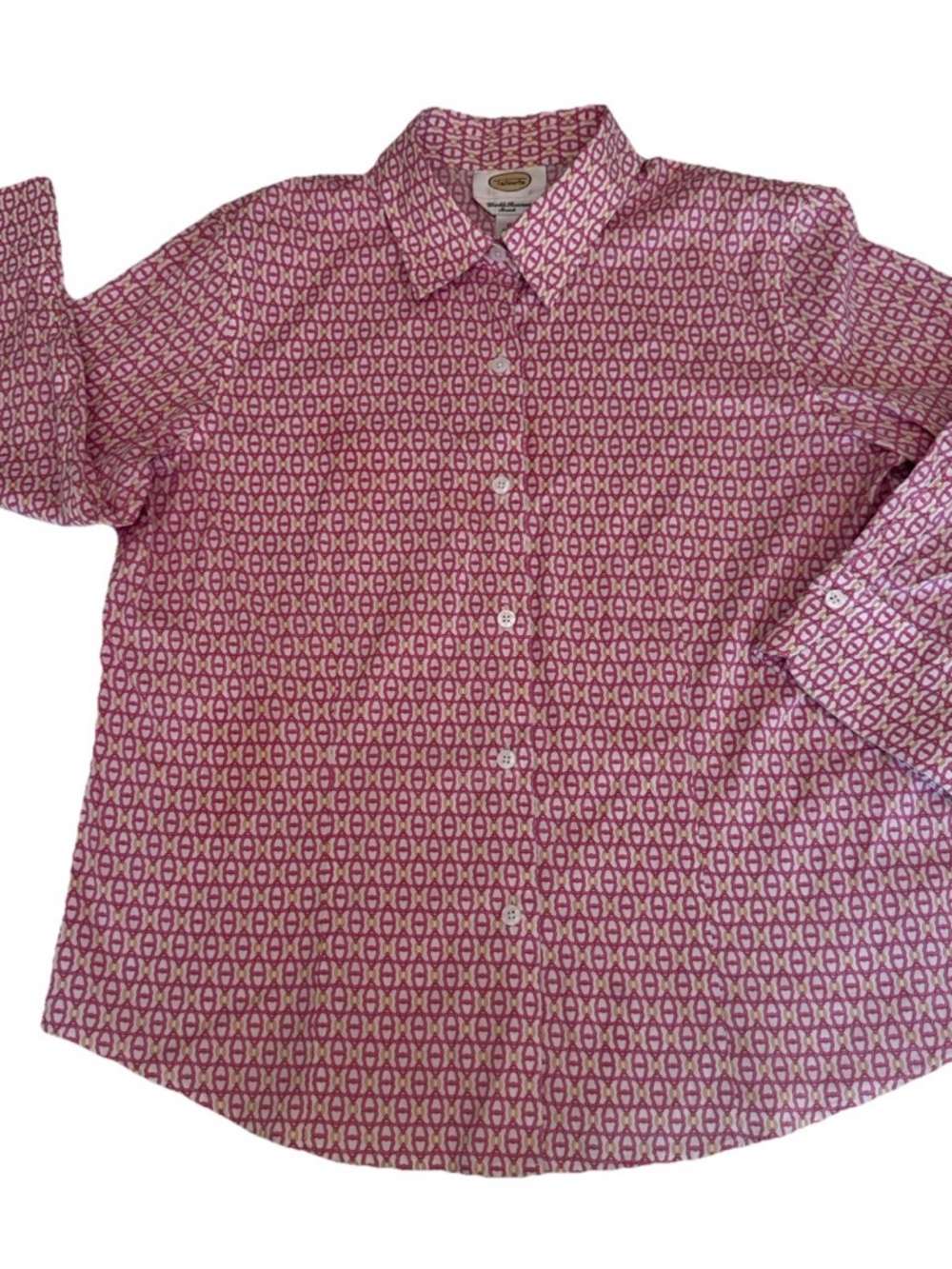 Talbots Women’s Button Up Shirt 12 Pink Equestrian Chain Print Stretch Non Iron